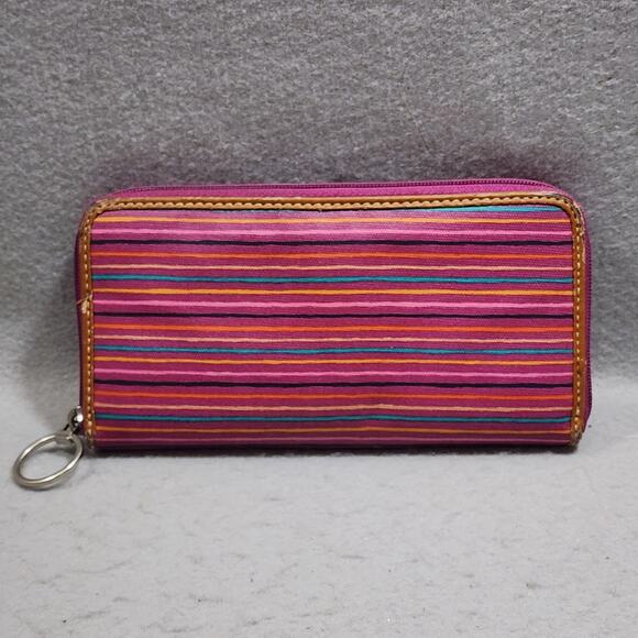 FOSSIL Keyper Clutch Wallet Pink-Purple Stripe 3 Pocket Zip Around Closure Disc - Picture 12 of 14